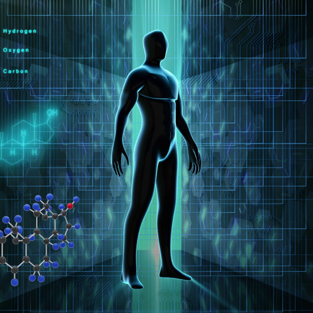 The image features a silhouetted human figure in the center, surrounded by scientific imagery such as DNA strands, molecular structures, and neural networks.