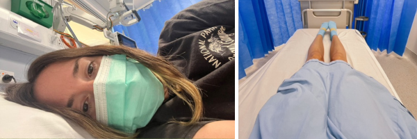 Lauren is lying in a hospital bed wearing a face mask. In one photo, she looks at the camera; in the other, only her legs in a hospital gown and socks are visible. Blue privacy curtains surround the bed.