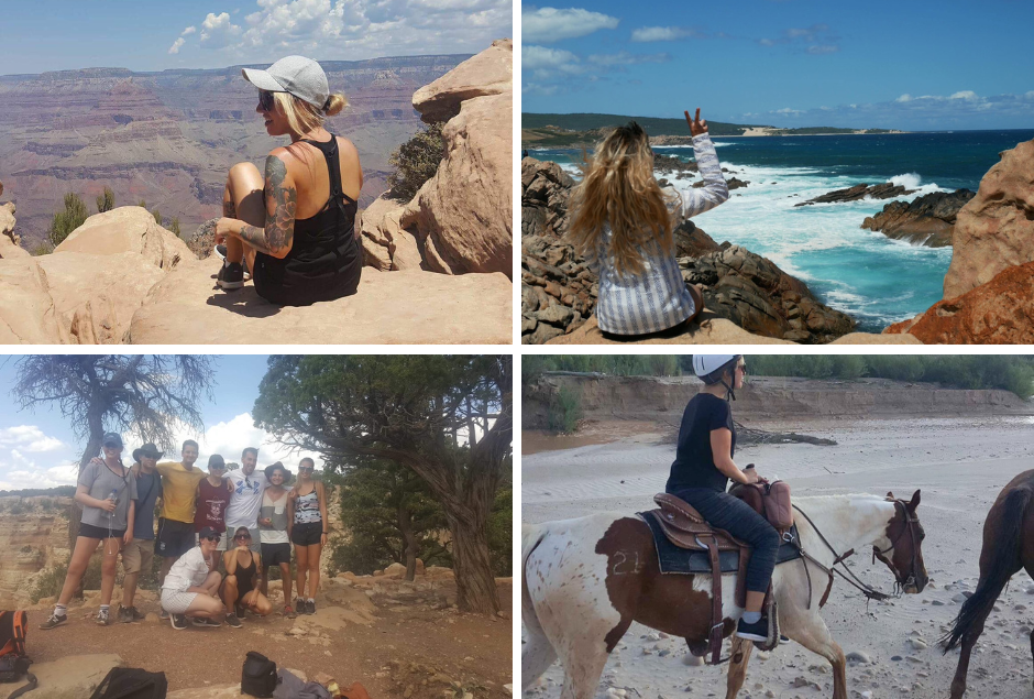 A collage of Lauren’s photos from before her ME/CFS diagnosis, enjoying the outdoors: sitting at the Grand Canyon, by the ocean flashing a peace sign, hiking with a group, and horseback riding in a desert landscape.
