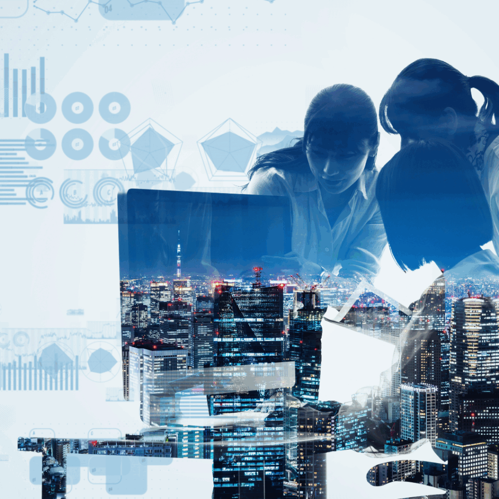 This image is a conceptual representation of statistics and data analysis. It features a group of professionals collaborating at a desk with a city skyline illuminated at night. Overlaid on the image are various graphical elements associated with data, such as bar charts, radar charts, pie charts, and data points.