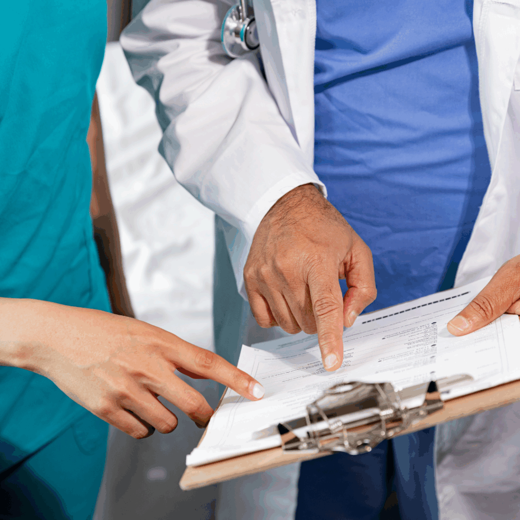 Two healthcare professionals are reviewing a document on a clipboard. One is wearing teal scrubs, and the other is in a white lab coat over blue scrubs with a stethoscope visible around their neck.