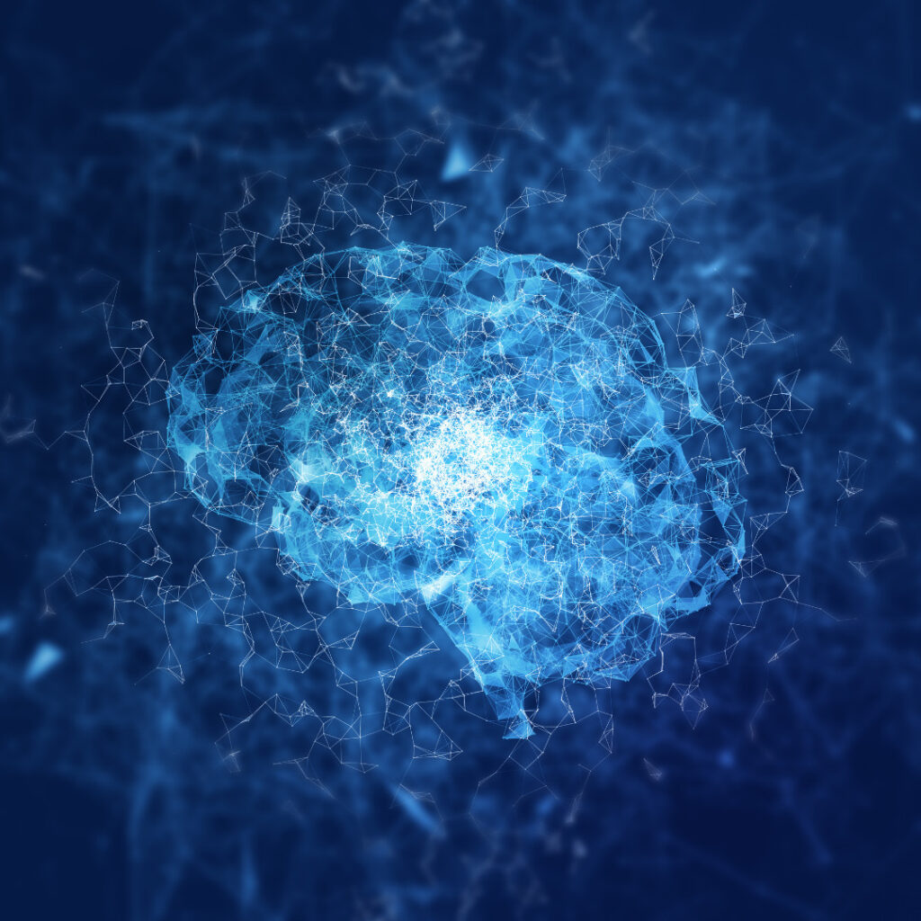 The image shows a stylized, glowing blue brain formed from interconnected lines and geometric shapes. The brain appears semi-transparent and digital, with bright light concentrated at its center.